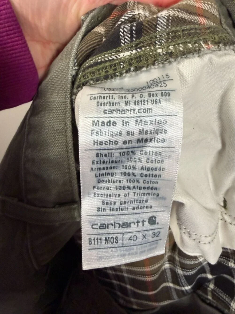 Carhartt Loose Straight Washed Duck Lined Dungaree Pants Size 40x32 Moss Green
